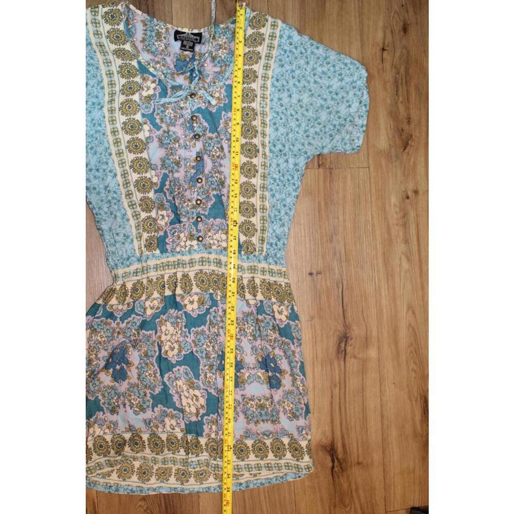 Angie Dress Multicolor Boho Floral Button Front Tie Neck - Blue, Gold - Small - Picture 7 of 7